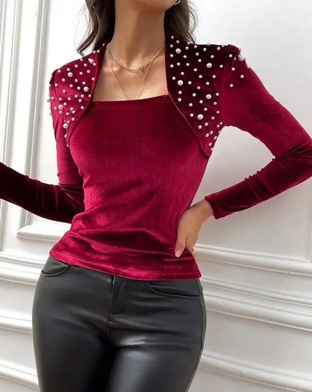 Vintage blouse for women 2023 Autumn Winter long sleeve Square Collar Beaded Velvet Asymmetrical Neck Top women Pullover