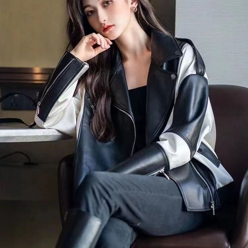 2023 Autumn New Faux Soft Leather Jacket Women Fashion Splicing Loose PU Leather Short Coat One Button Locomotive Chic Outwear