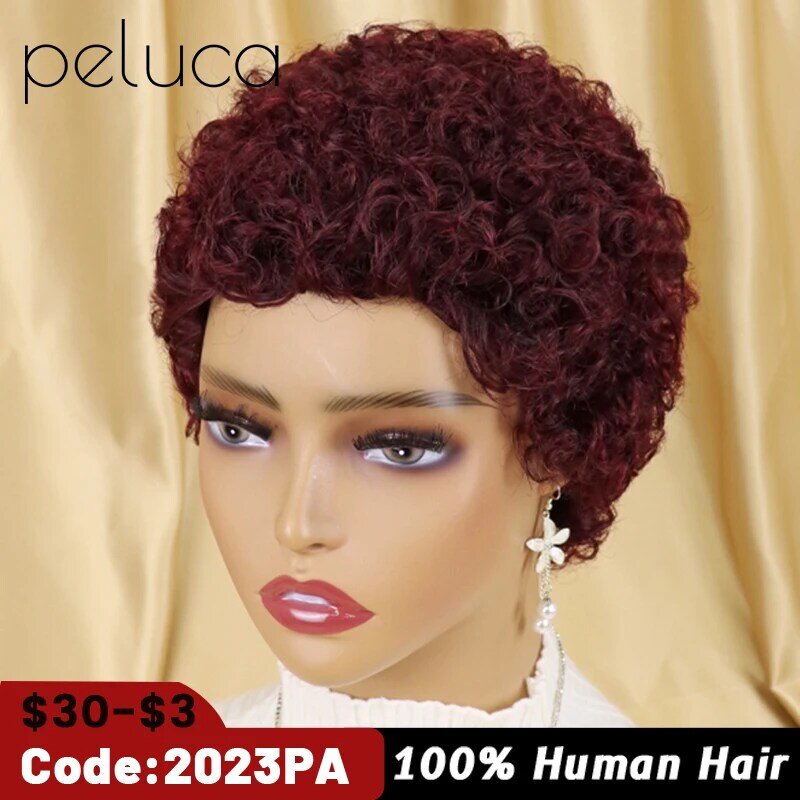 Bob pixie peruca de corte curto cabelo humano afro kinky encaracolado perucas cabelo brasileiro virgem máquina cheia barato perucas para as mulheres borgonha marrom