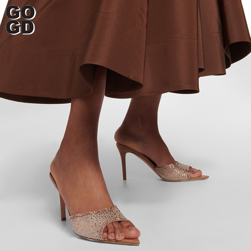 Chinelos de strass GOGD-Pointed Toe para mulheres, Slingback raso, salto alto, Peep Toe, festa de casamento, sapatos de verão, luxo