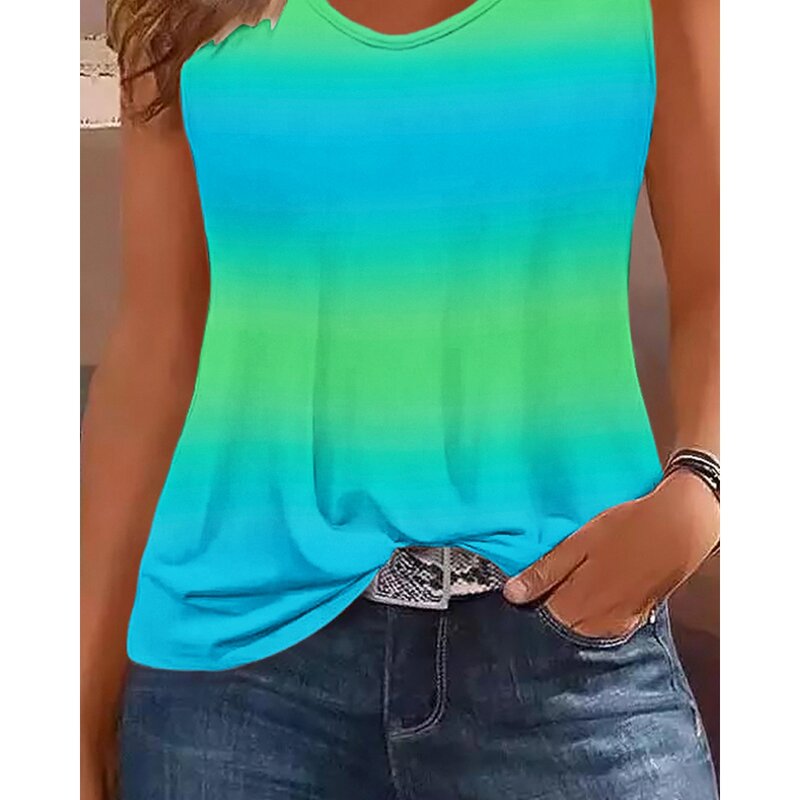 Camiseta feminina estampa ombre regata, casual com decote em v, sem mangas Cami, camisetas de rua diária, moda verão, 2023
