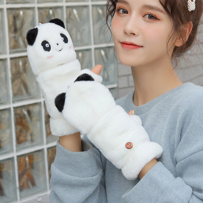 Śliczne Panda pluszowa rękawiczki rękawiczki z rękawiczkami bez palców zimowe ciepłe, odporne na zimno półpalcowe rękawiczki pluszowe miękkie grube zimowe rękawiczki