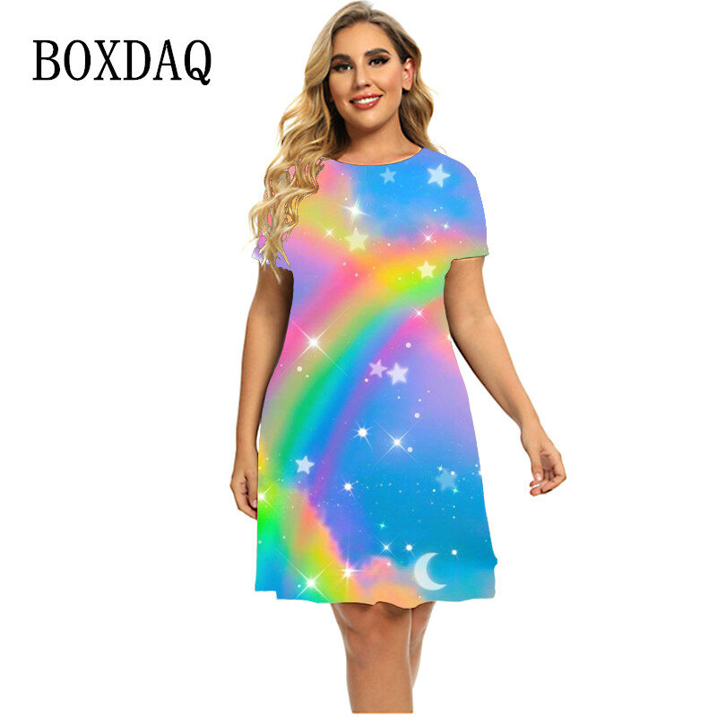 Gwiazdy i księżyc Gradient Rainbow kobiety sukienka moda słodki krótki rękaw O-Neck Party sukienka trapezowa 2023 lato Plus rozmiar sukienki