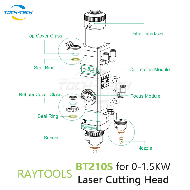 Raytools-Cabeça de corte a laser de fibra, baixa potência, lente de foco, 0-1.5kW, QBH Metal, F125 mm, 150mm, 200mm, BT210