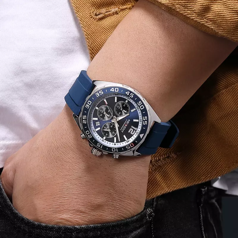 Relógios cronógrafos de luxo masculino, Silicone Band, Relógio de pulso esportivo, Business Quartz Watch, Relógio impermeável