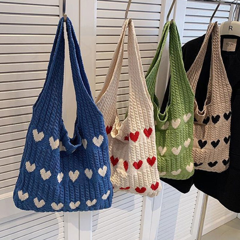 Love Heart Graphic Knitted Tote Bag Fashion Woven Shoulder Bag Aesthetic Crochet Bag For Women