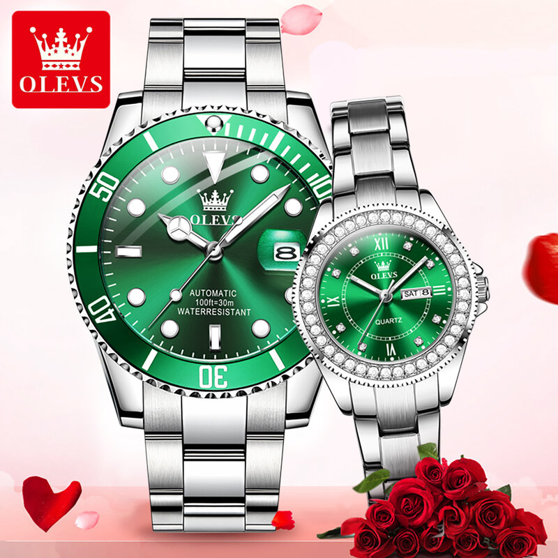 OLEVS jam tangan pasangan asli, arloji kuarsa hijau tahan air untuk Pasangan kekasih romantis, kalender minggu