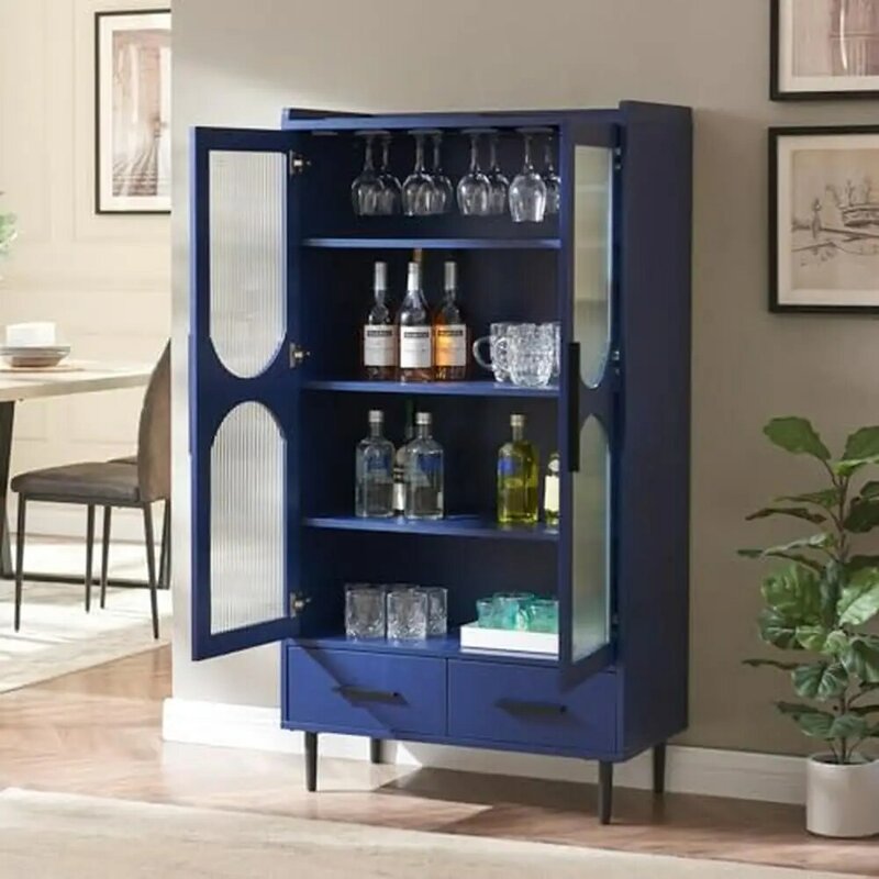 Wooden Tall Wine and Liquor Storage Cabinet with Glass Doors and Drawers Kitchen and Dining Room Pantry Organizer Cabinet