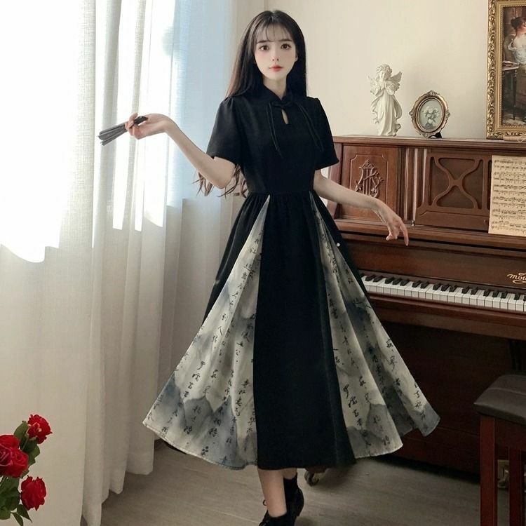Vestido vintage com pintura a tinta, comprimento médio, vestido extragrande, tradicional chinês, estilo chinês moderno, novo