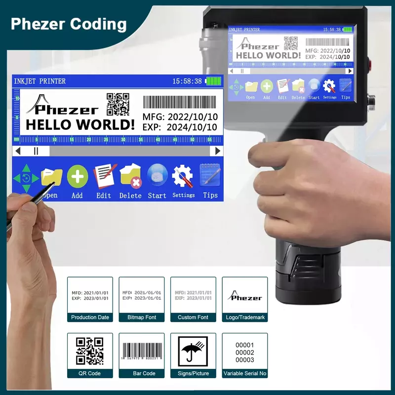 Phezer-Impressora jato de tinta portátil, Impressora de etiquetas de data de validade, QR Bar Batch Code, Número Data e Logotipo, Portátil, 25 Idiomas, 12,7mm