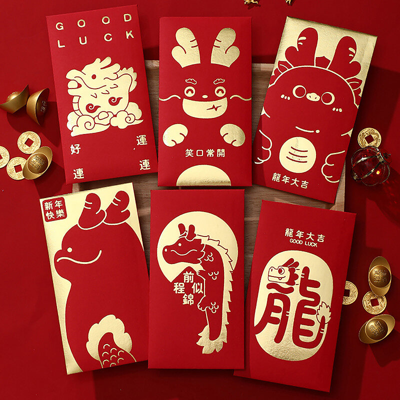 6 buah amplop merah Tahun Naga Lucu Hongbao untuk paket Festival Musim Semi Tahun Baru 2024 paket uang keberuntungan tas hadiah kartun