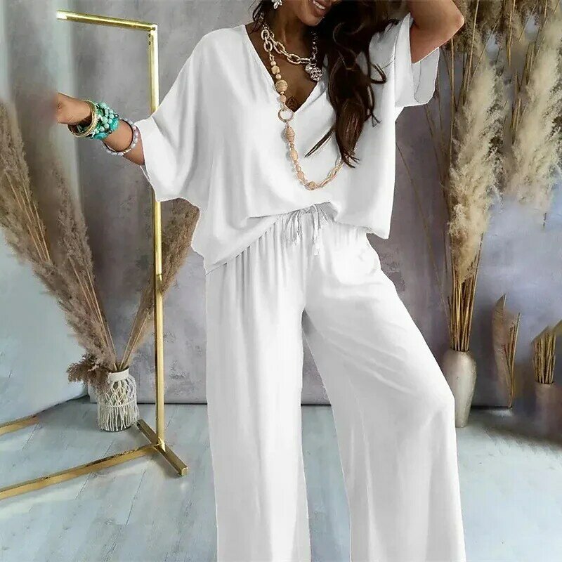 Комплект одежды Remelon женский из двух предметов, однотонный модный шикарный свободный костюм с коротким рукавом и V-образным вырезом, вентилируемые брюки с эластичным поясом, осень 2023