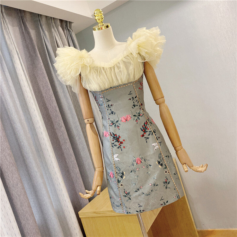 Advanced custom Oil Painting Art Sense Retro Mesh Splice 3D Jacquard a-line Dress Girl dresses vestidos mini dress 2024