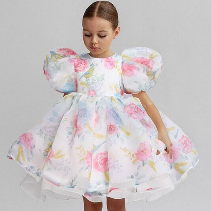 Fashion Girl White Princess Dress Tulle Puff Sleeve Wedding Party Kids Dresses for Girls Birthday Child Clothes Bridemaids Gown