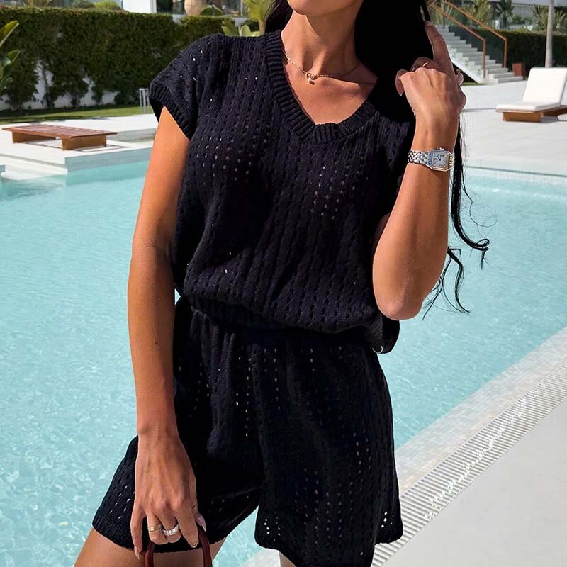 Women's Casual O Neck Top + Shorts Slim Suit Sexy Summer Vacation Beach Outfits Fashion Solid Color Hollow Knitted Two Piece Set