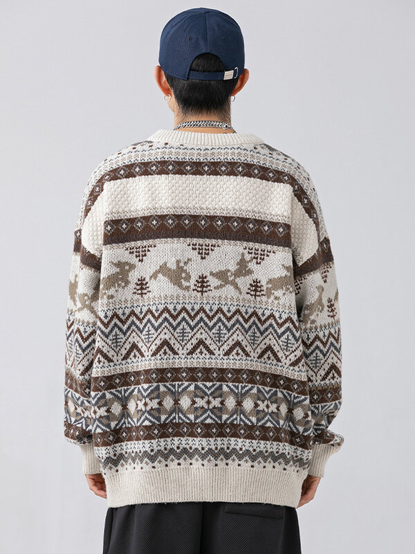 Jesienno-zimowy sweter męski sweter w stylu Vintage żakardowa dzianina Harajuku luźny sweter z długim rękawem Hip Hop para swetry Streetwear