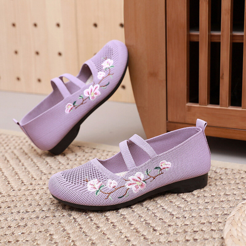 Women's National Style Floral Embroidery Ballet Flats Foldable Mesh Bohemia Walking Beach Lightweight Breathable Shoes Woman