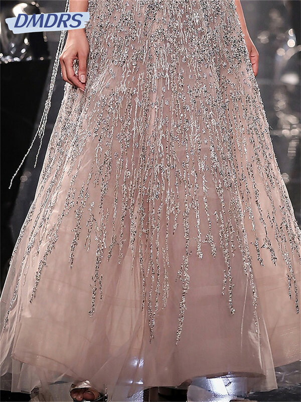 Gaun Prom A-Line manik-manik kerah v seksi 2024 gaun malam berkilau klasik tanpa lengan gaun panjang lantai Vestidos De Novia