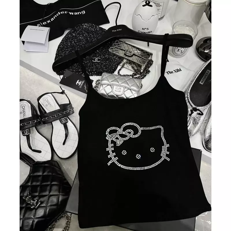 Sanrio Hello Kitty Kawaii Anima Summertime Suspenders Cute Cartoon All-Match Sex Appeal Short Sleeve Lovely Gifts for Girls