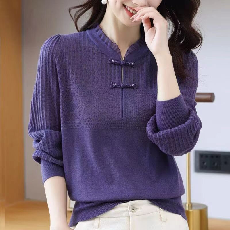 Suéter Cheongsam de cuello redondo para mujer, Jersey de punto, camisa de fondo, temperamento, alta calidad, primavera, otoño, nuevo