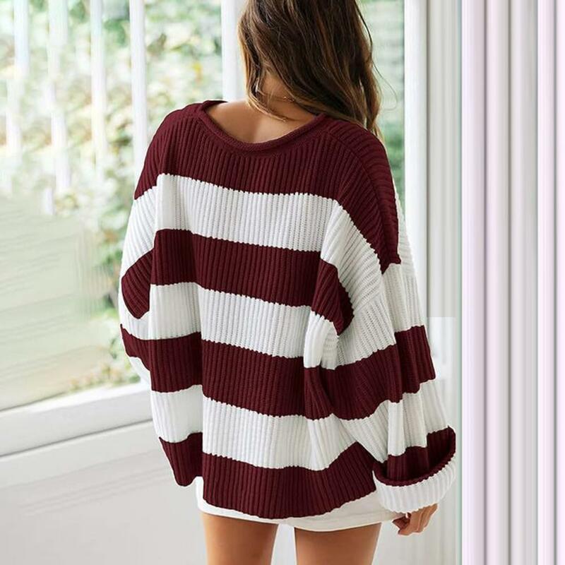 Sweater rajut musim dingin, Sweater bergaris wanita kasual Sweater rajut musim dingin tebal longgar hangat Pullover warna elastis lembut lengan panjang wanita Sweater