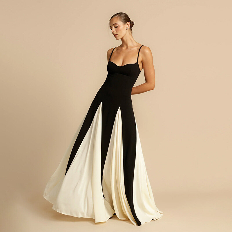 Elegant Contrasting Patchwork Sling Maxi Dress Women Slim Sleeveless Slim Black Long Dresses Summer Female Evening Party Robes