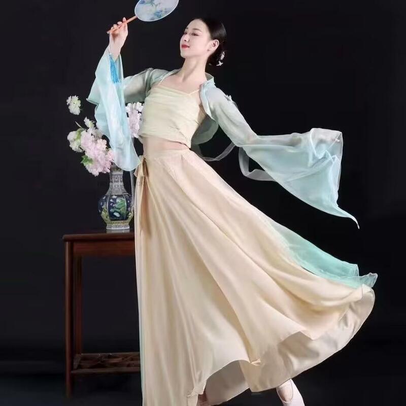 중국 전통 무용 공연 쓰리피스 드레스, 루즈 스타일, 우아한 클래식 무용 훈련, 한푸 치파오 코스튬