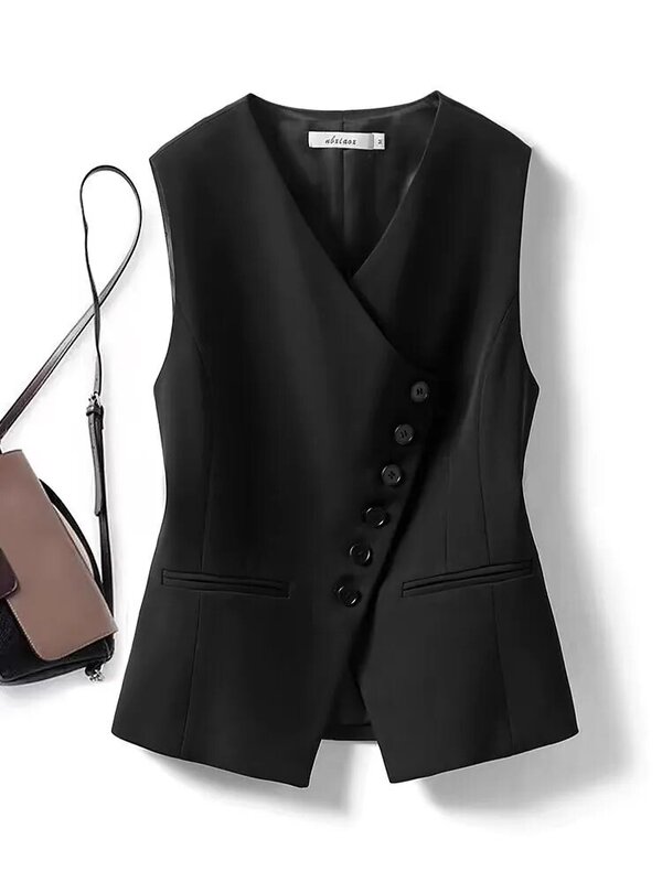 Dames Vintage Fashion Knoop Voor V-Hals Vest Casual Zwart Mouwloos Pak Vesten Commuter Elegant Eenvoudig Chic Vest