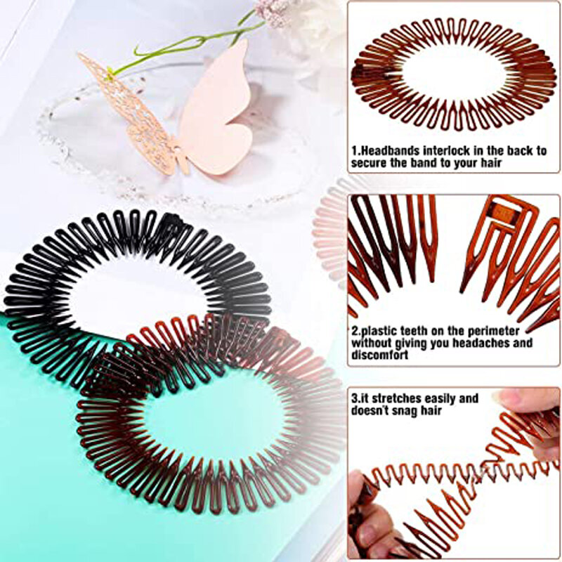 9 sztuk pełny okrągły elastyczny plastikowy grzebień z elastycznym kółkiem, opaska na włosy opaska na włosy dla kobiet dziewcząt