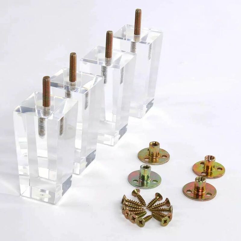 1Pcs 4inch Acrylic Furniture Legs Square Transparent Sofa Legs Replacement for Home Chairs Bed Drawers Coffee Table with Screws