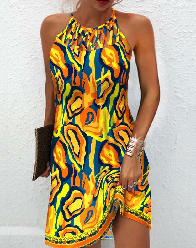 Vestido corto recto Multicolor para mujer, minivestido informal sin mangas con estampado abstracto, para vacaciones de verano, 2023