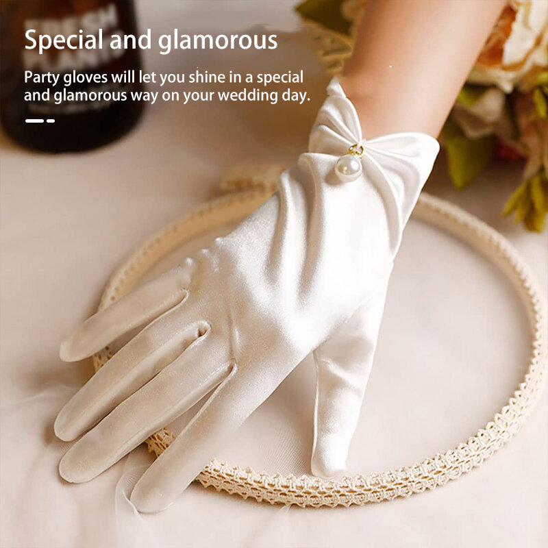 White Bride Dress Gloves Short Wrist Satin Pearl Gloves Wedding Accessories Party Prom Cosplay Performance Women Bridal Gloves
