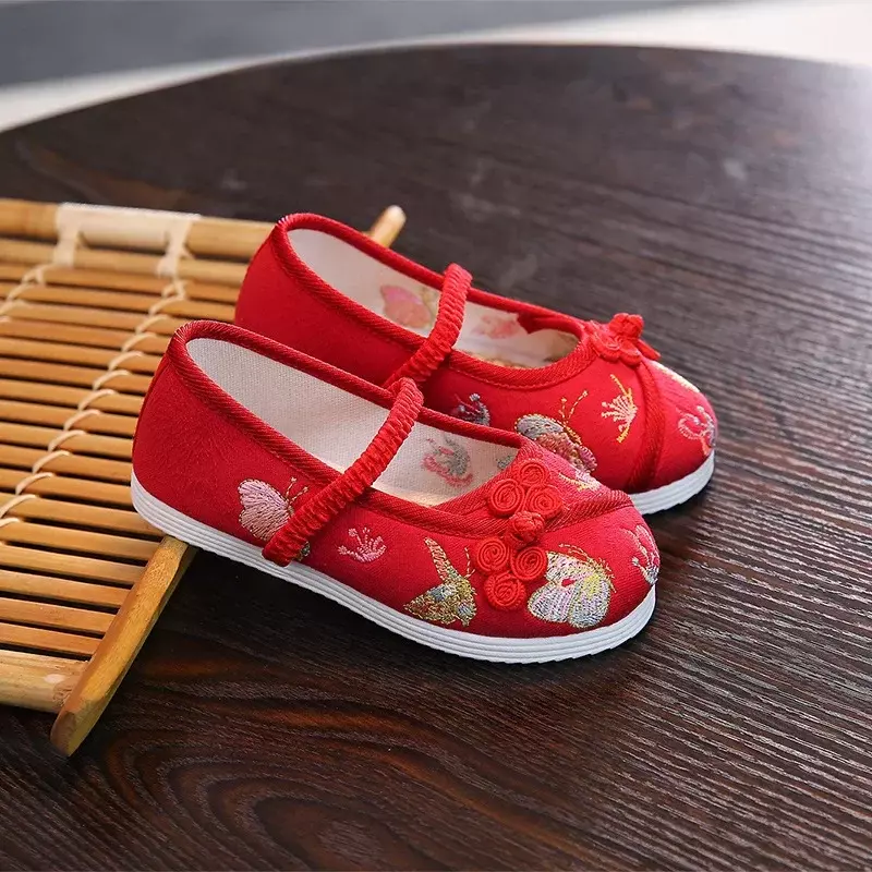 Kinder Schmetterling bestickt Wohnungen Schuhe alte Kostüm Mädchen Hanfu Tuch Schuhe Cheong sam Schuhe chinesische Slip auf Schnalle Kinder