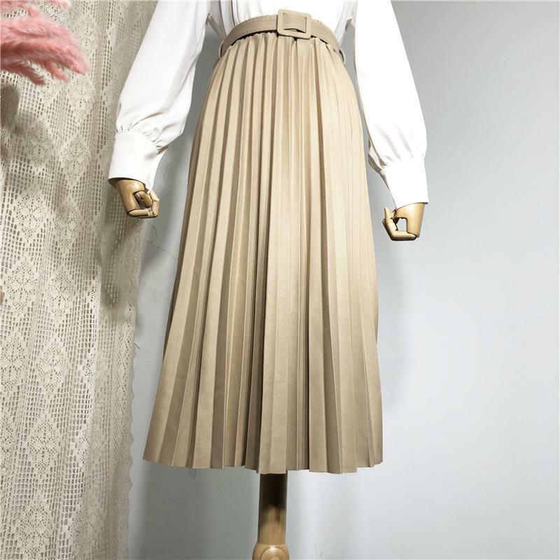 Saia feminina de cintura alta casual vintage sólido com cinto plissado midi saias senhora 9 cores moda simples saia mujer faldas