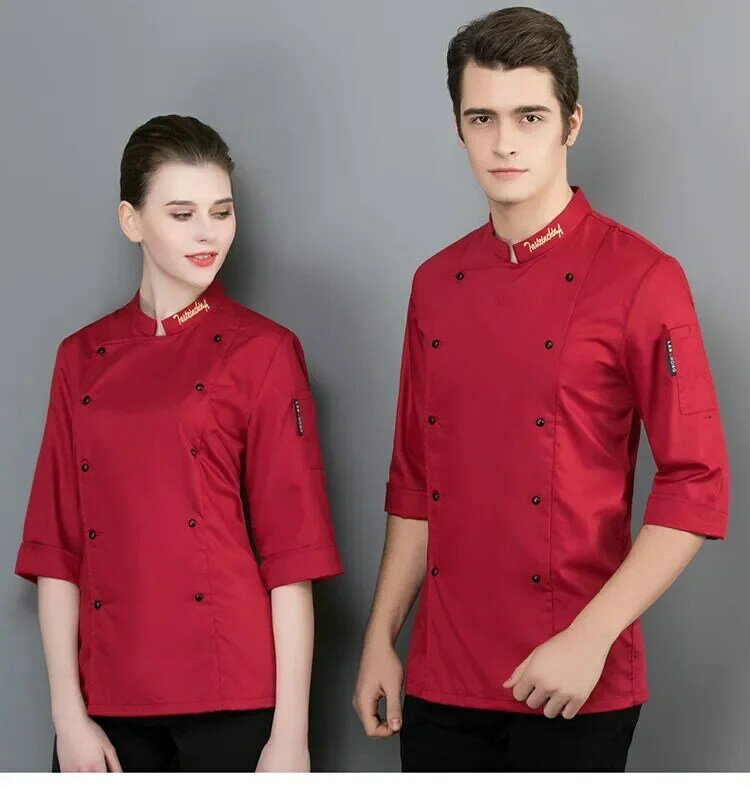 Uniformes de Chef de Catering para hombre y mujer, ropa de cocinero de cuello alto, chaquetas de trabajo de manga corta transpirables de verano, ropa de Chef de Hotel