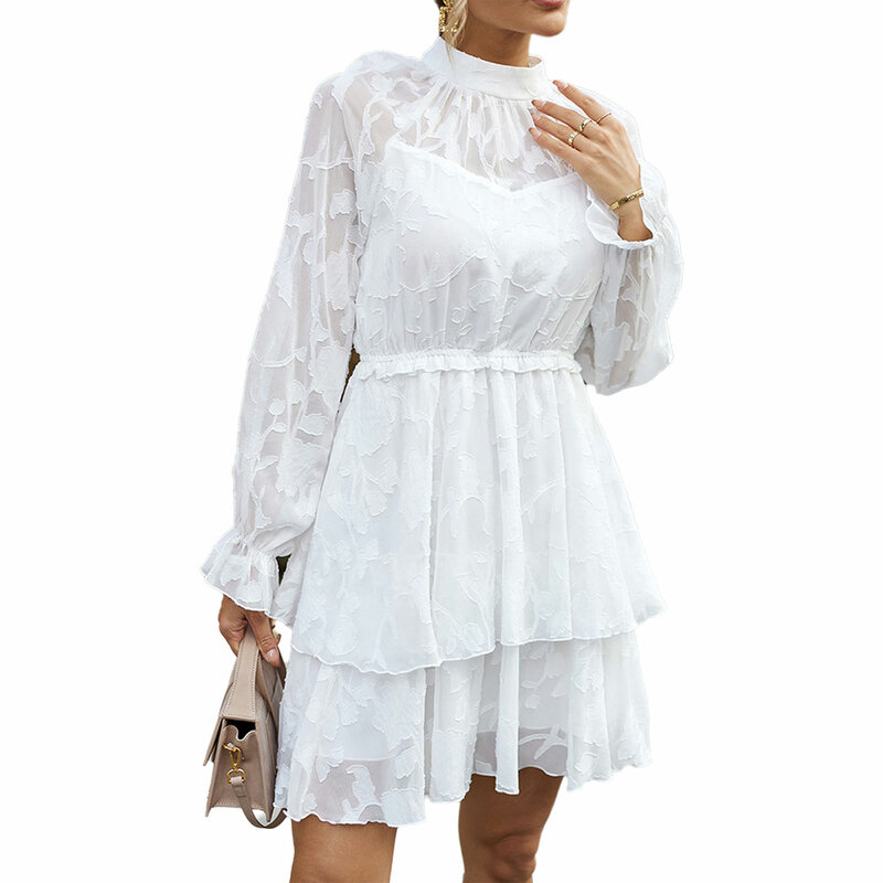 Womens Jacquard Casual Dress Round Neck Long Sleeve Elastic High Waist Tiered Dress Mini Dress for Vacation Travel