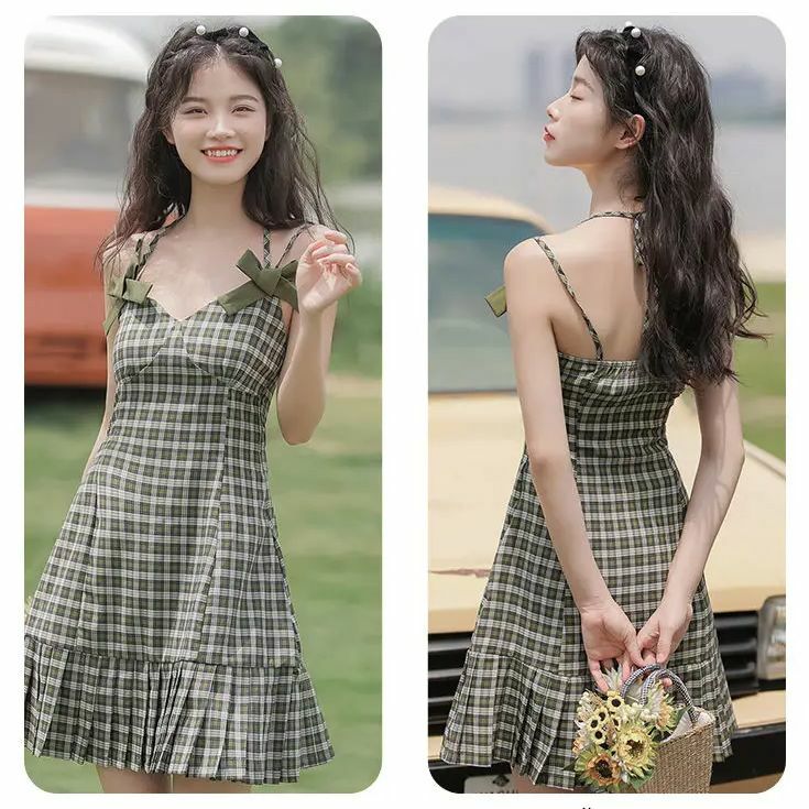 Pakaian wanita Korea gaun kotak-kotak perempuan Sen keluaran baru gaun berlipat ramping tali pita segar hijau