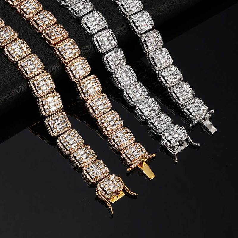 Iced Out Equifor Men Silver and Gold Diamond Tennis Colliers, Hip Hop Rectangle CZ, Equi16-24 Amaran