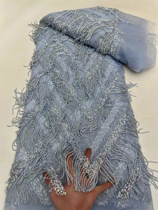 Tela de encaje africano con colgante de lujo, tul con cuentas 3D de Dubai, tela nigeriana bordada con flores para coser, 5 yardas, 2024