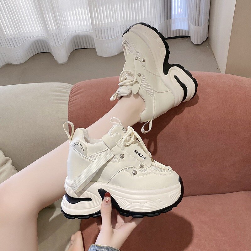 Damskie grube trampki wiosenne oddychające siatkowe obuwie 10CM buty na koturnie buty na platformie Chaussures Femme sportowe buty dla taty