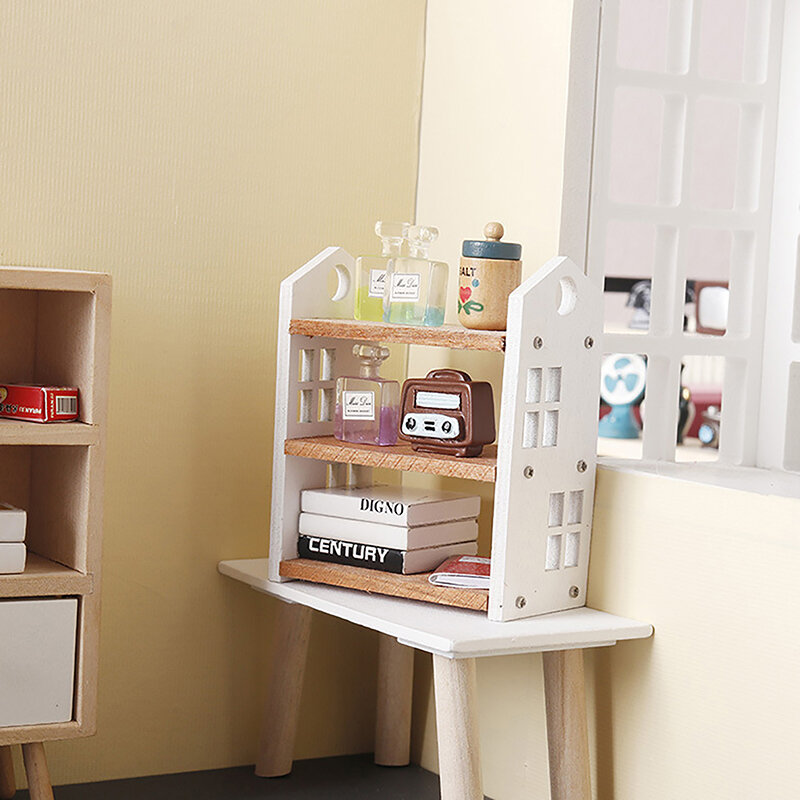 1:12 Dollouse Miniatura Bookshelf de três camadas Rack de armazenamento Móveis Modelo Decoração de brinquedos Acessórios para casa de boneca