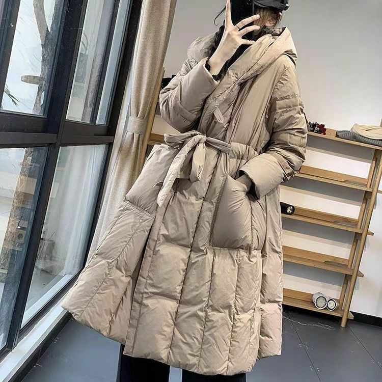 Fashion Button Mid Length Waistband Down Women Jacket Over Knee Winter New Loose Fitting Style Hooded White Duck   B7
