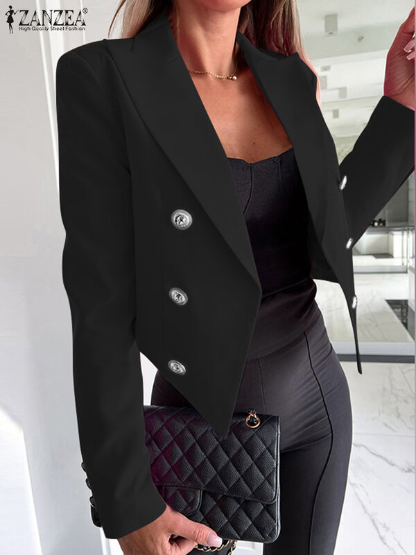 ZANZEA-Jaqueta vintage feminina com colarinho de lapela, blazer sólido, decoração de botões casuais, casacos cortados, casacos chiques, moda, outono, 2023