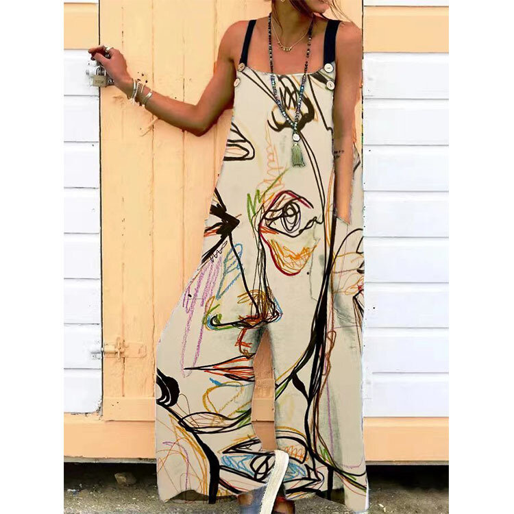Women Ethnic Printed Loose Casual Pockets One Piece Jumpsuit Bib Long Wide Leg Pants Overalls