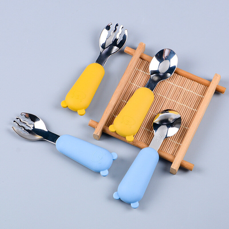 Sendok Garpu Bayi Besi Tahan Karat Set Peralatan Makan Anak-anak Sendok Silikon untuk Anak-anak Bayi Balita Set Makan Malam Makanan