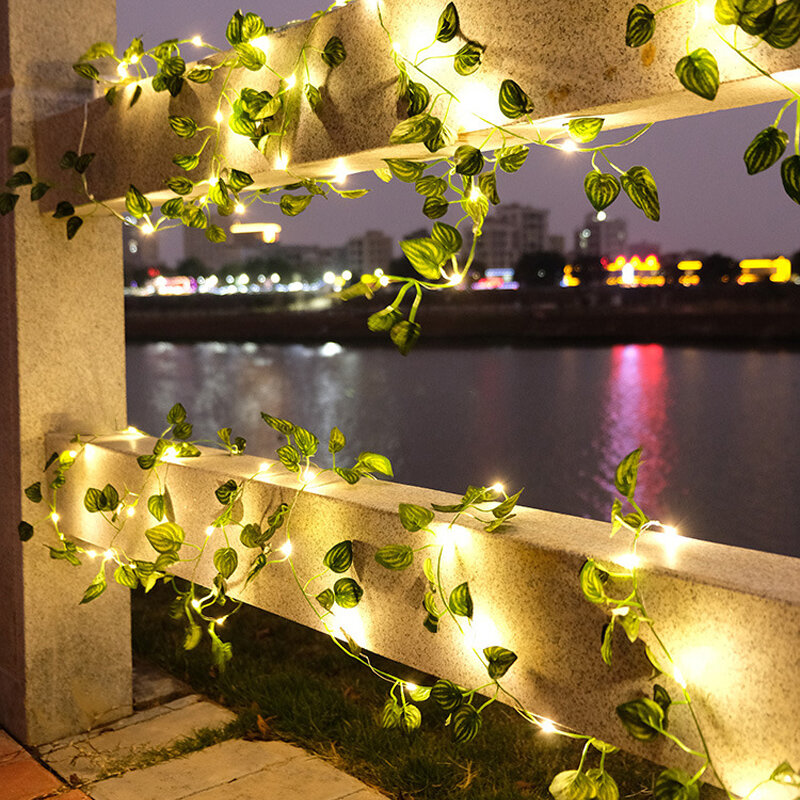 Lampu setrip buatan tenaga surya/baterai, lampu untai daun hijau 2m, lampu taman Dekorasi Rumah