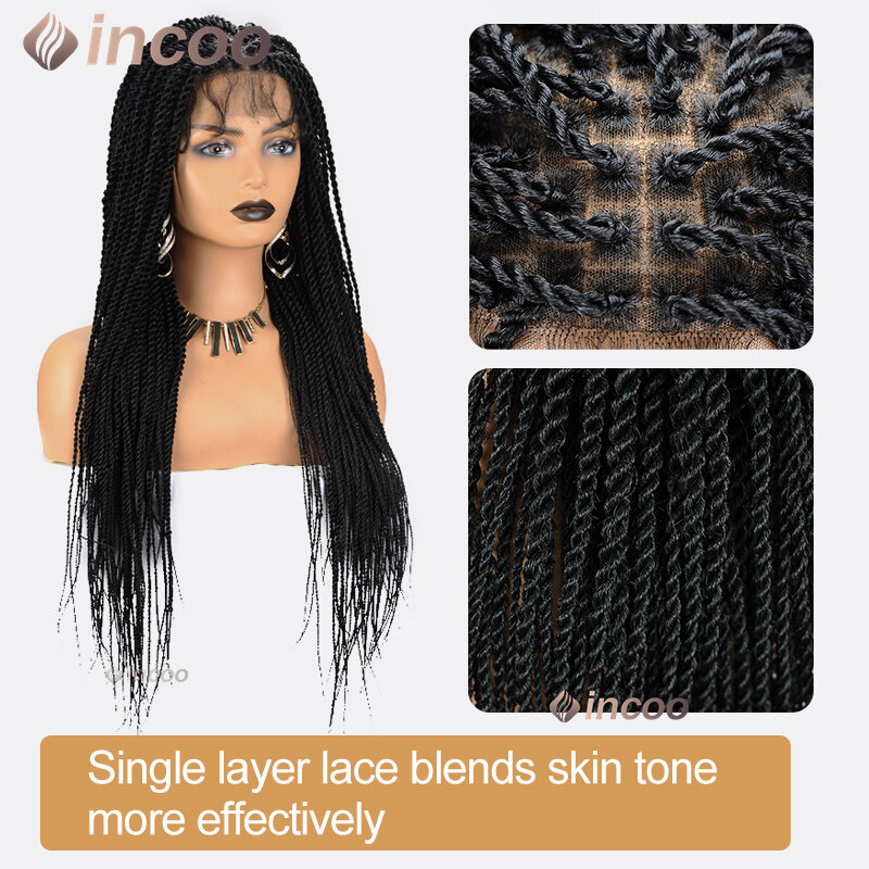 36Inch Twist Braided Full Lace Frontal Wigs Pre plucked Baby Hair Faux Locs Box Braided Wig Knotless Synthetic Lace Front Wig