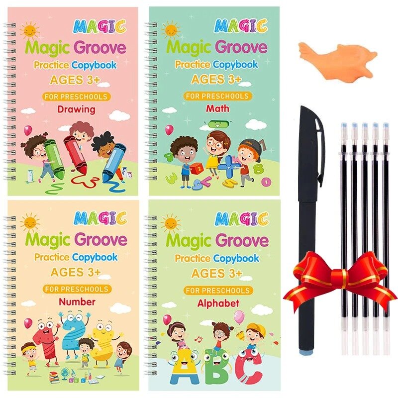 Cuaderno de bocetos Montessori para niños, libro mágico de caligrafía, escritura a mano, libro de aprendizaje temprano, 4 libros por juego