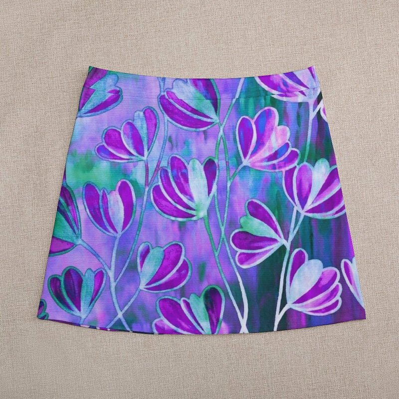 Minifalda Floral para jardín, pintura de acuarela, patrón de flores, naturaleza, arte fino, lila, lavanda, púrpura, turquesa, azul