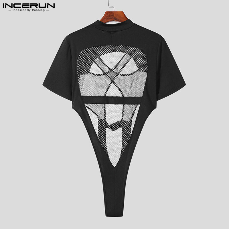 INCERUN 2023 Sexy New Men's Bodysuits Hollowed Deconstructed Mesh Jumpsuits Spliced Triangle Short Sleeve Homewear Rompers S-3XL